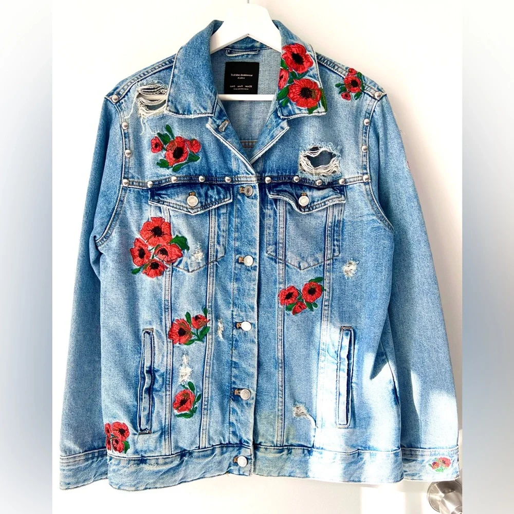ZARA Trafaluc Denim Jacket – Embroidered Floral, Distressed, Rare! - Picture 4 of 8